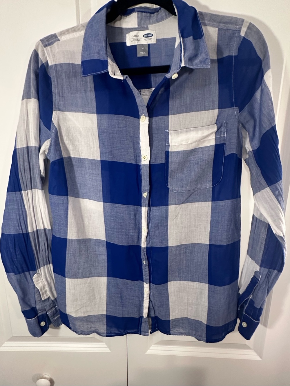 Old Navy Classic Blue White Plaid Button Up Shirt 100% Cotton Medium